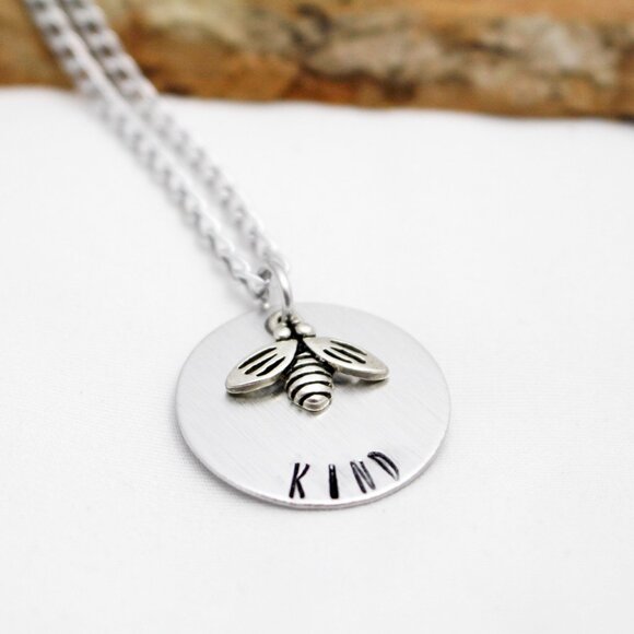 Bee Kind - Hand Stamped Bee Necklace - 18" Chain - Handmade & Hypoallergenic - Picture 4 of 6